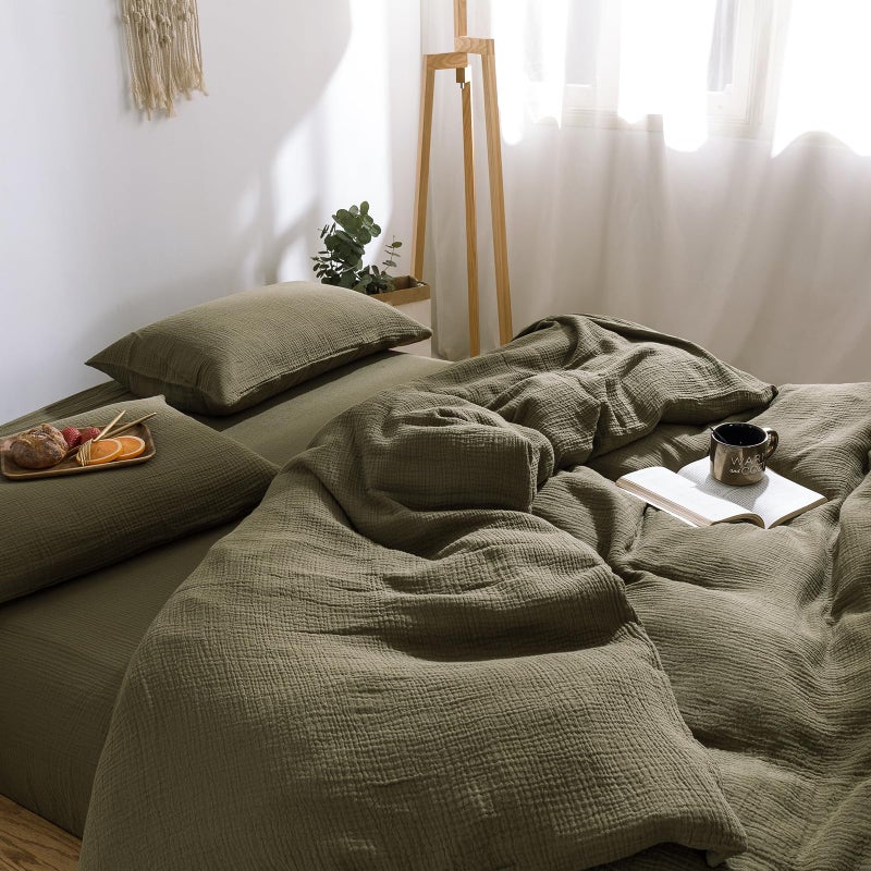 mixinni Olive Green Waffle Weave Duvet Cover Set King, 3-Piece 100% Natural Washed Cotton Triple-Layer Gauze Solid Bedding Set, Soft Breathable Minimalist Comforter Cover with Zipper & Ties-King - Image 1