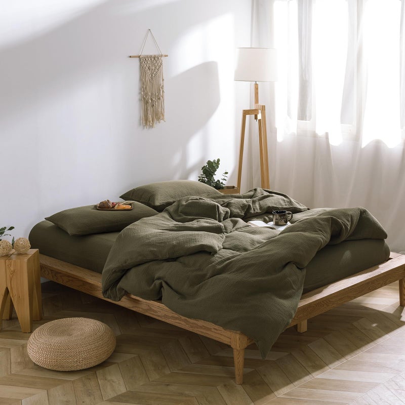 mixinni Olive Green Waffle Weave Duvet Cover Set King, 3-Piece 100% Natural Washed Cotton Triple-Layer Gauze Solid Bedding Set, Soft Breathable Minimalist Comforter Cover with Zipper & Ties-King - Image 4