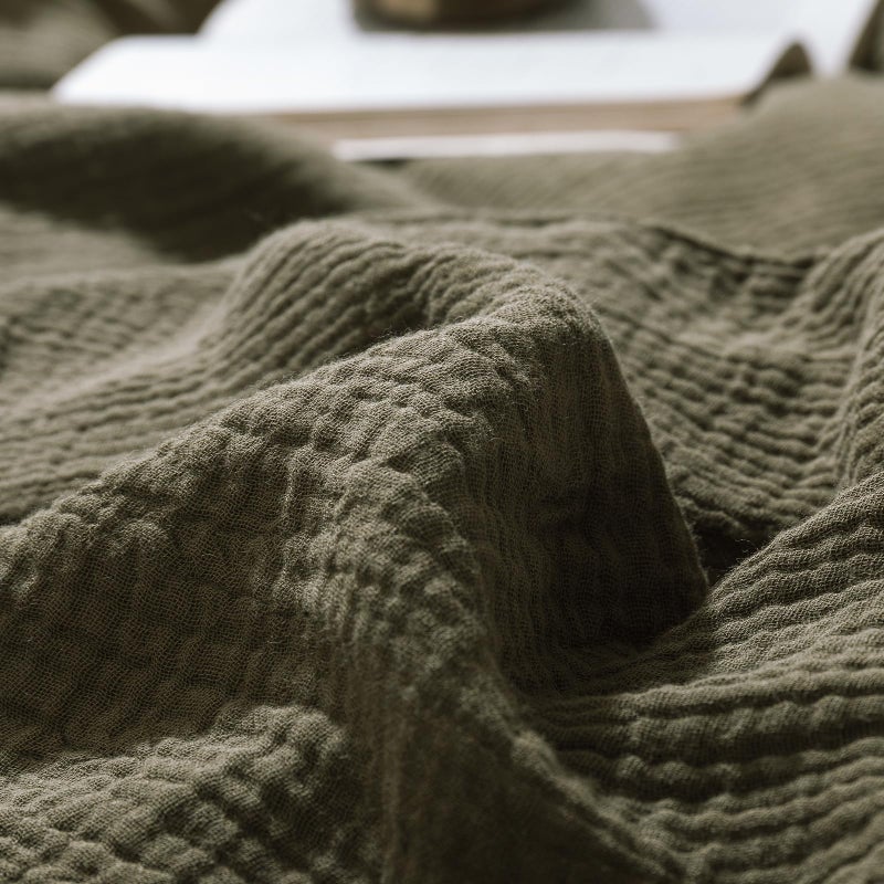 mixinni Olive Green Waffle Weave Duvet Cover Set King, 3-Piece 100% Natural Washed Cotton Triple-Layer Gauze Solid Bedding Set, Soft Breathable Minimalist Comforter Cover with Zipper & Ties-King - Image 5