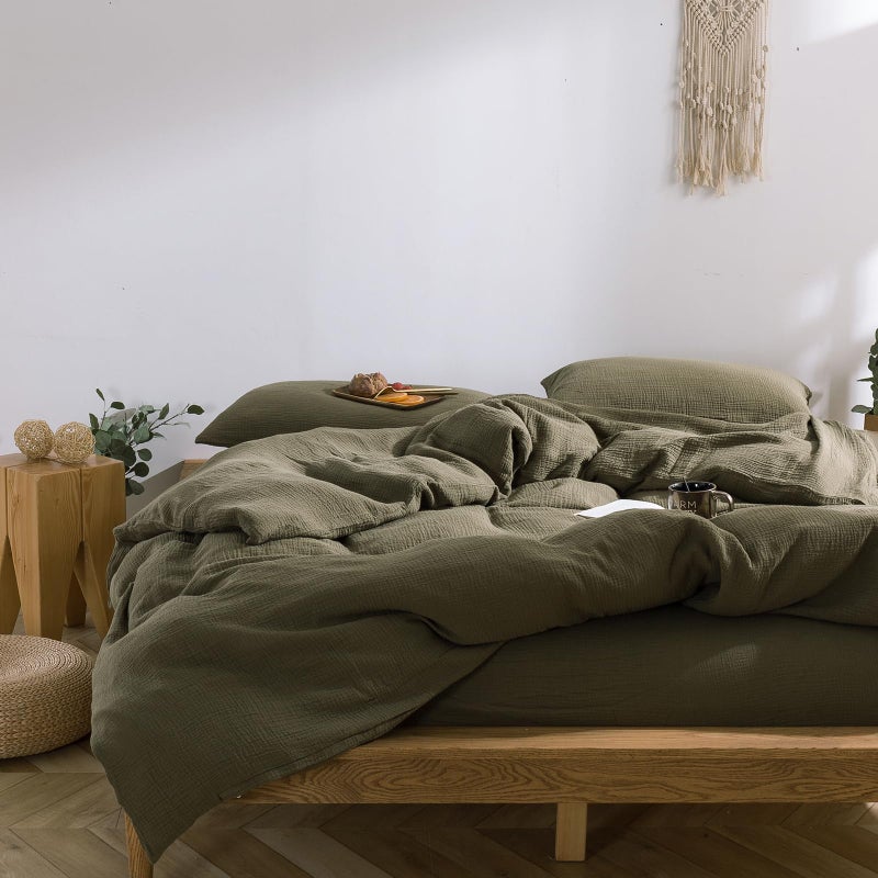 mixinni Olive Green Waffle Weave Duvet Cover Set King, 3-Piece 100% Natural Washed Cotton Triple-Layer Gauze Solid Bedding Set, Soft Breathable Minimalist Comforter Cover with Zipper & Ties-King - Image 2