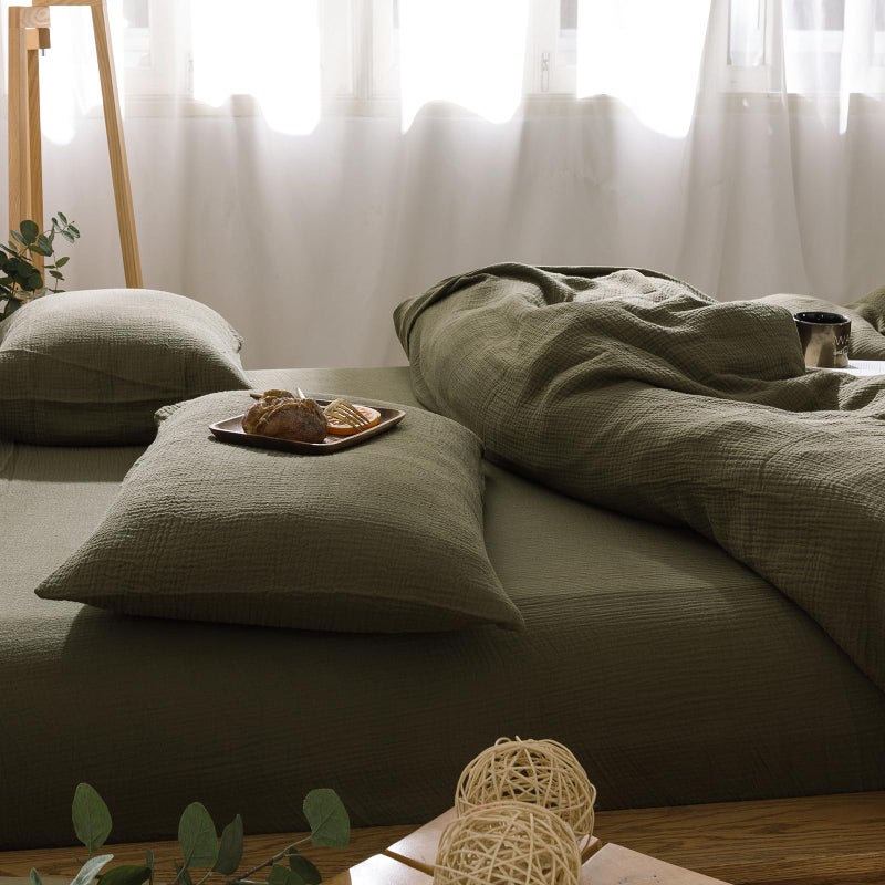 mixinni Olive Green Waffle Weave Duvet Cover Set King, 3-Piece 100% Natural Washed Cotton Triple-Layer Gauze Solid Bedding Set, Soft Breathable Minimalist Comforter Cover with Zipper & Ties-King - Image 3