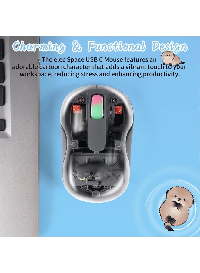 elec Space Cute Wireless USB C Mouse - Bluetooth Triple Mode Rechargeable Cartoon Mouse for Laptops, iPads & MacBook Air/Pro - Silent Operation, Portable Design, Unique Magnetic Character (Grey) - Image 3