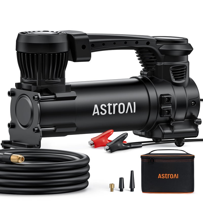 ضاغط هواء AstroAI T3 ثقيل الوزن 12 فولت محمول للطرق الوعرة مع مضخة إطارات 197CFM 120PSI مع مشابك تمساح وضوء LED للشاحنات والسيارات SUV والمركبات حتى إطارات 33 بوصة