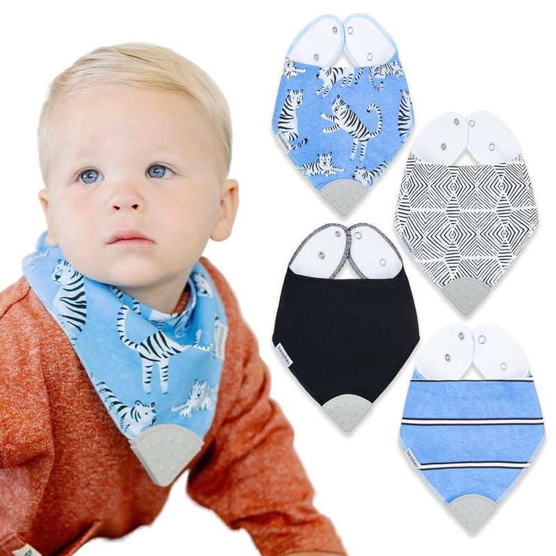 Bazzle Baby Bazzle Baby Bandana Teething Bibs 4Pack Cotton Drool Bibs for Boys Girls Silicone Teether for Teething Relief Adjustable Absorbent Baby Bibs for Drooling Zion 