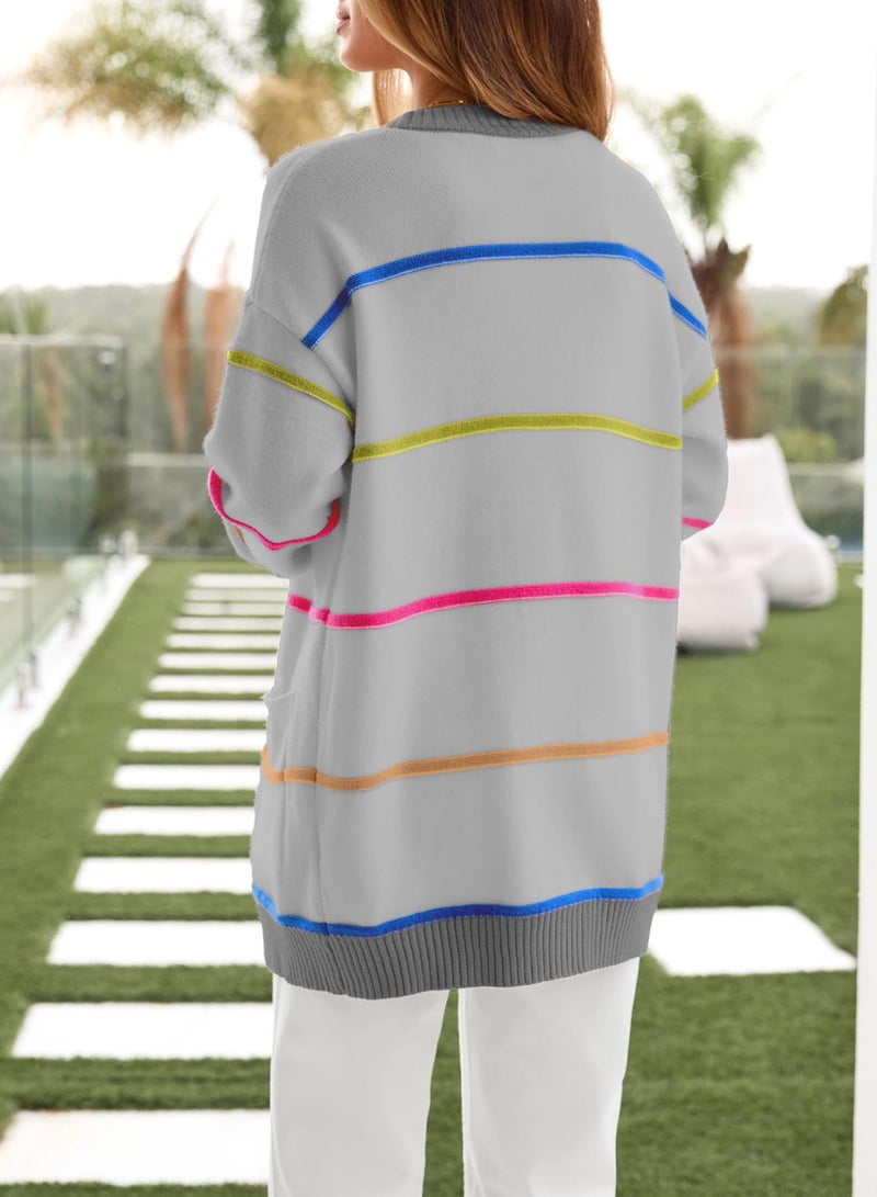Sidefeel Womens Long Sleeve Open Front Cardigans Colorful Striped Knit Draped Sweaters Outwear Gray Large - Image 4
