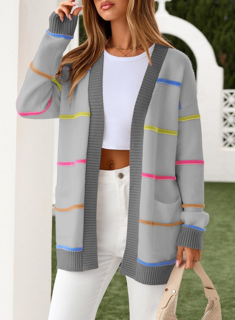 Sidefeel Womens Long Sleeve Open Front Cardigans Colorful Striped Knit Draped Sweaters Outwear Gray Large - Image 3