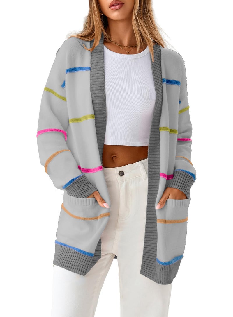 Sidefeel Womens Long Sleeve Open Front Cardigans Colorful Striped Knit Draped Sweaters Outwear Gray Large - Image 1
