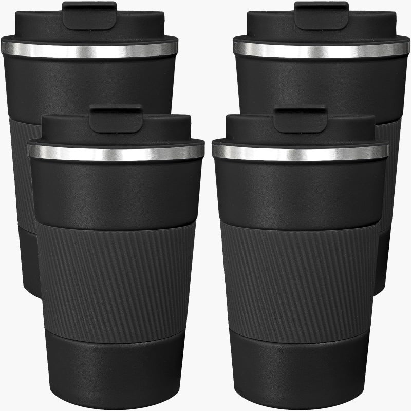 ATZNZIK 4 Pack Insulated Coffee Mug with Lid 12oz Travel Coffee Tumbler Stainless Steel Reusable Coffee Cups Thermal Coffee Mug for Hot and Iced Cold Drinks, Black - Image 1