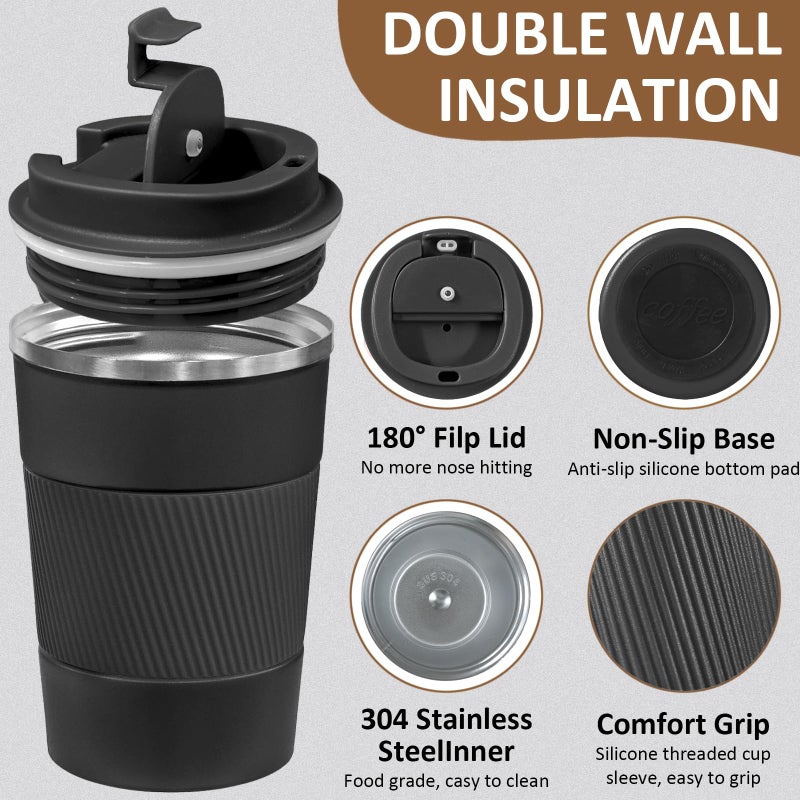 ATZNZIK 4 Pack Insulated Coffee Mug with Lid 12oz Travel Coffee Tumbler Stainless Steel Reusable Coffee Cups Thermal Coffee Mug for Hot and Iced Cold Drinks, Black - Image 3