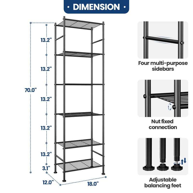Abiglifty Storage Shelves, 6-Tier Metal Shelving, Closet Shelves with Adjustable Leveling Feet, Shelf Organizer for Kitchen, Pantry, Laundry - Image 2