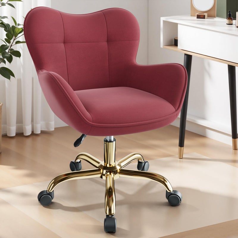 BestEra Vanity Chair with Wheels, Cute Home Office Desk Chairs Adjustable Height for Living Bedroom, Small Modern Fluffy Velvet Makeup Chair with Back for Girls (Rose Red) - Image 2