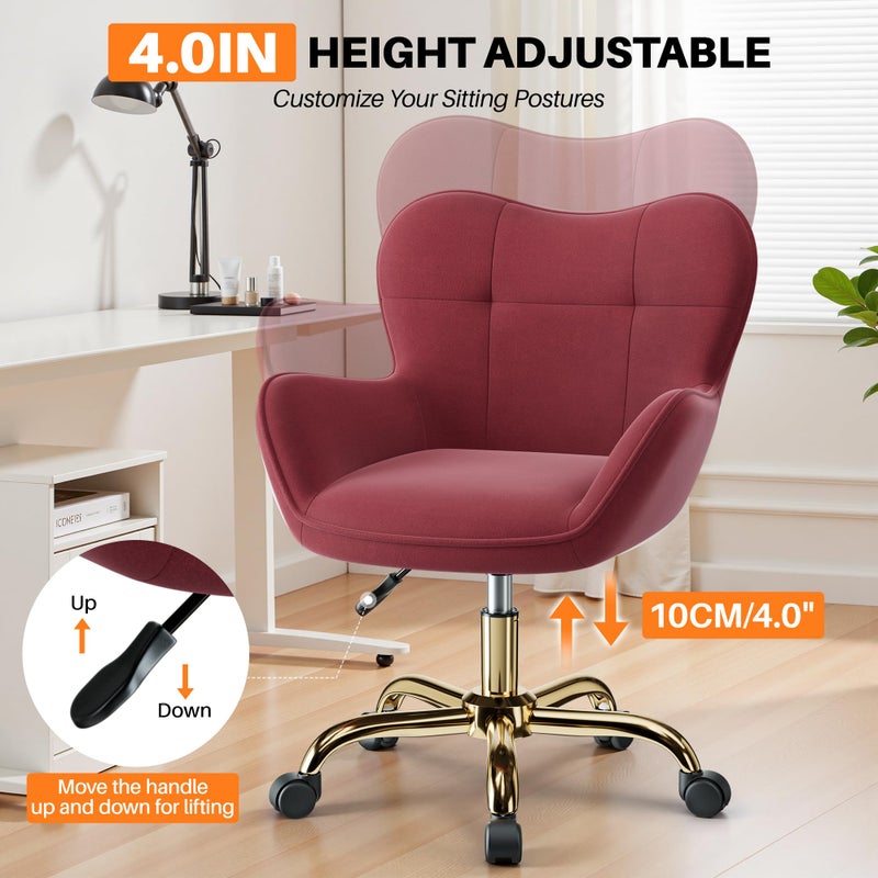 BestEra Vanity Chair with Wheels, Cute Home Office Desk Chairs Adjustable Height for Living Bedroom, Small Modern Fluffy Velvet Makeup Chair with Back for Girls (Rose Red) - Image 5