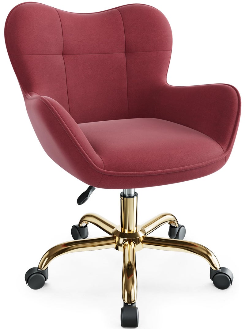 BestEra Vanity Chair with Wheels, Cute Home Office Desk Chairs Adjustable Height for Living Bedroom, Small Modern Fluffy Velvet Makeup Chair with Back for Girls (Rose Red) - Image 1