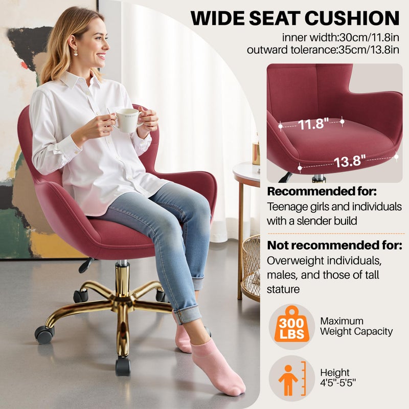BestEra Vanity Chair with Wheels, Cute Home Office Desk Chairs Adjustable Height for Living Bedroom, Small Modern Fluffy Velvet Makeup Chair with Back for Girls (Rose Red) - Image 4
