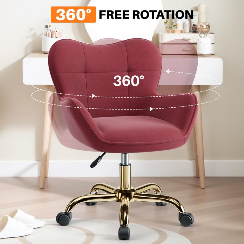 BestEra Vanity Chair with Wheels, Cute Home Office Desk Chairs Adjustable Height for Living Bedroom, Small Modern Fluffy Velvet Makeup Chair with Back for Girls (Rose Red) - Image 3