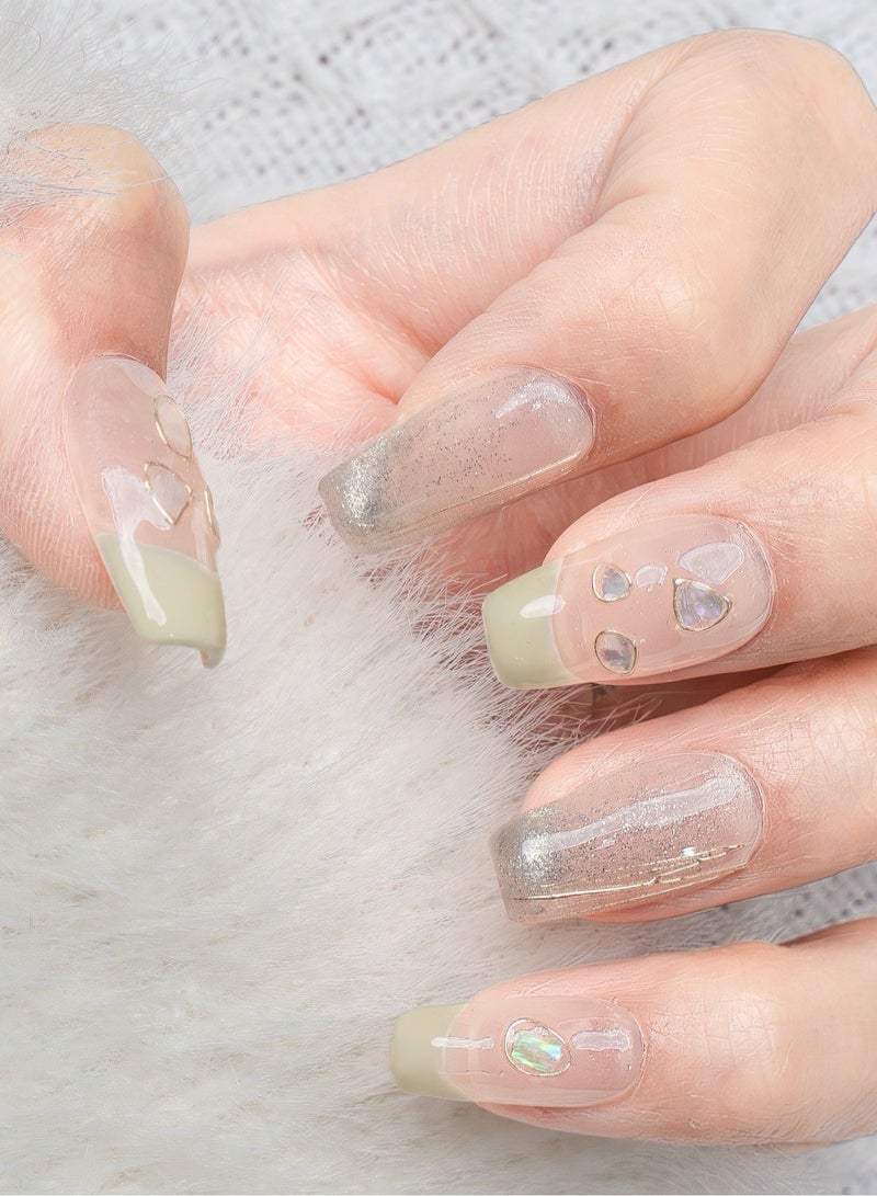 Nailosophy 10 Pcs Handmade Gel Press On Nails Short Square Nude Beige French Tip Shell Chip Reusable False Nails Nail Kit for Women Daily Wear Office Wedding Gift Eid - Image 1