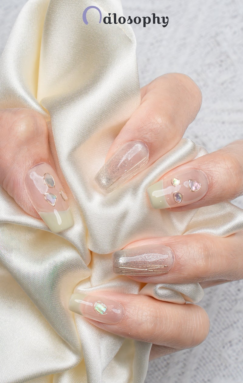 Nailosophy 10 Pcs Handmade Gel Press On Nails Short Square Nude Beige French Tip Shell Chip Reusable False Nails Nail Kit for Women Daily Wear Office Wedding Gift Eid - Image 2