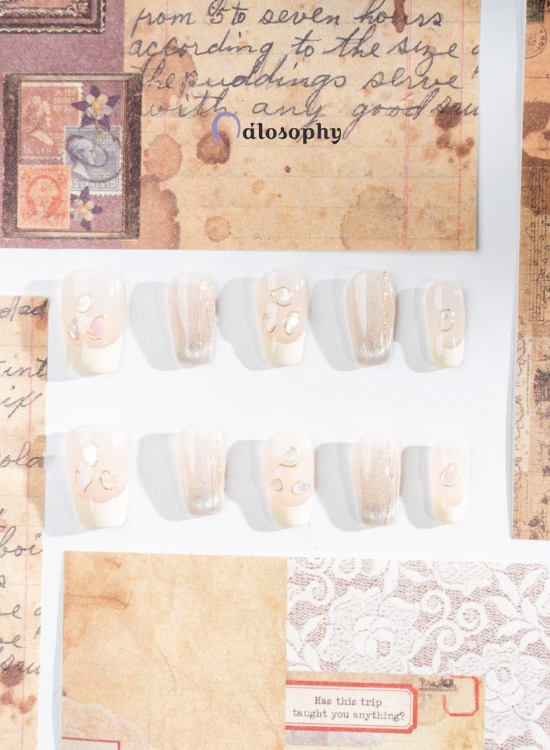 Nailosophy 10 Pcs Handmade Gel Press On Nails Short Square Nude Beige French Tip Shell Chip Reusable False Nails Nail Kit for Women Daily Wear Office Wedding Gift Eid - Image 4