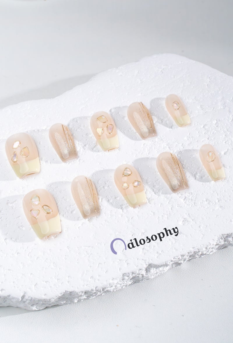 Nailosophy 10 Pcs Handmade Gel Press On Nails Short Square Nude Beige French Tip Shell Chip Reusable False Nails Nail Kit for Women Daily Wear Office Wedding Gift Eid - Image 3