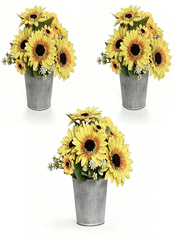 SVENJBB 3-Pack Artificial Sunflower Arrangement in Galvanized Metal Pot, Faux Sunflower Bouquet with Daisies & Greenery, Farmhouse Table Centerpiece Home Décor, 9.5 Inch Height - Image 1