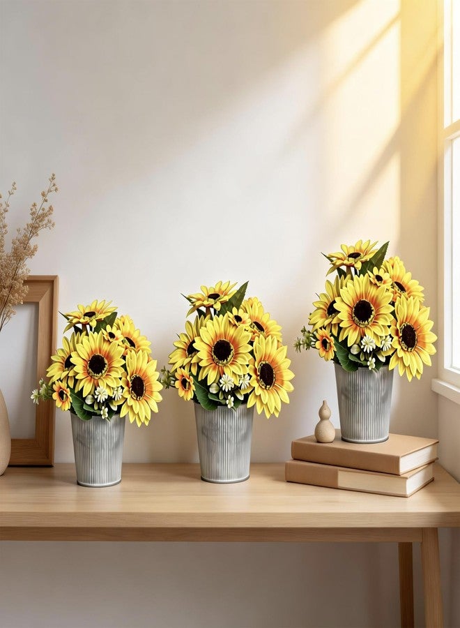 SVENJBB 3-Pack Artificial Sunflower Arrangement in Galvanized Metal Pot, Faux Sunflower Bouquet with Daisies & Greenery, Farmhouse Table Centerpiece Home Décor, 9.5 Inch Height - Image 3