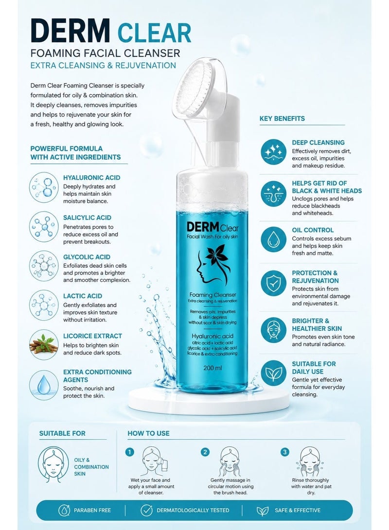 Derm Clear Facial Wash for Oily Skin with Salicylic Acid & Hyaluronic Acid – 200 ml - Image 3