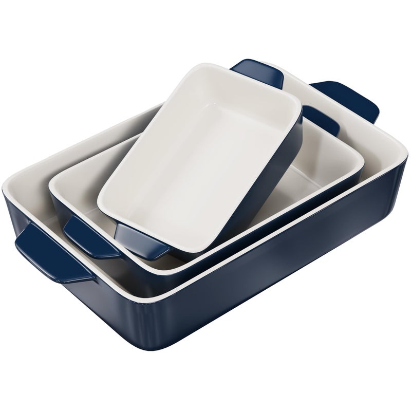 Kook Ceramic Bakeware Set Rectangular Baking Dishes For Casseroles Lasagna Cake Small Medium  Large Pans Microwave  Dishwasher Safe Set of 3 Navy