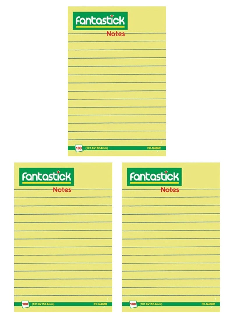 Fantastick 3-Piece Ruled Sticky Notes 4x6 Inch Size Yellow 101.6x152.4mm - Image 1