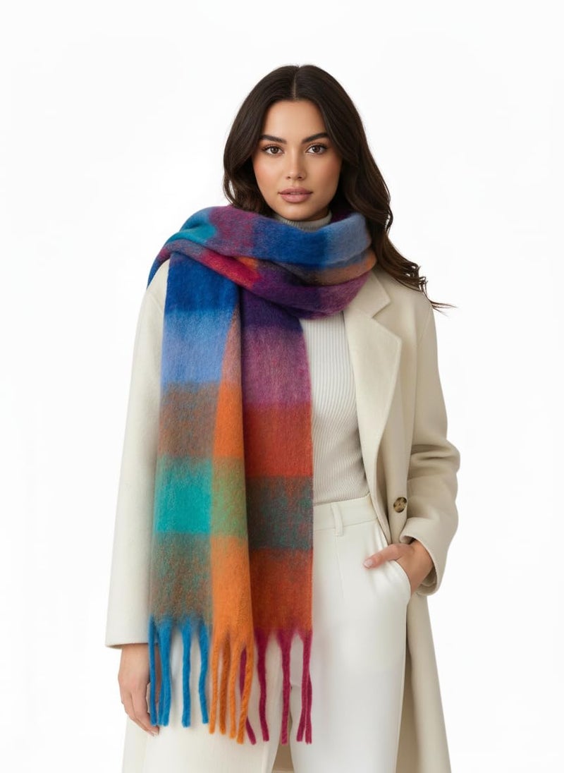 TYHOTULY Chunky Scarf for Women Winter Plaid Thick Warm Long Shawl Wraps Cold Weather Big Christmas Fashion Blanket Scarves (Blue Orange Green 7) - Image 1