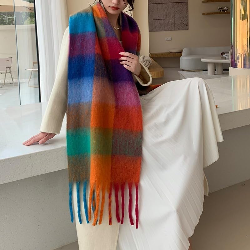 TYHOTULY Chunky Scarf for Women Winter Plaid Thick Warm Long Shawl Wraps Cold Weather Big Christmas Fashion Blanket Scarves (Blue Orange Green 7) - Image 5