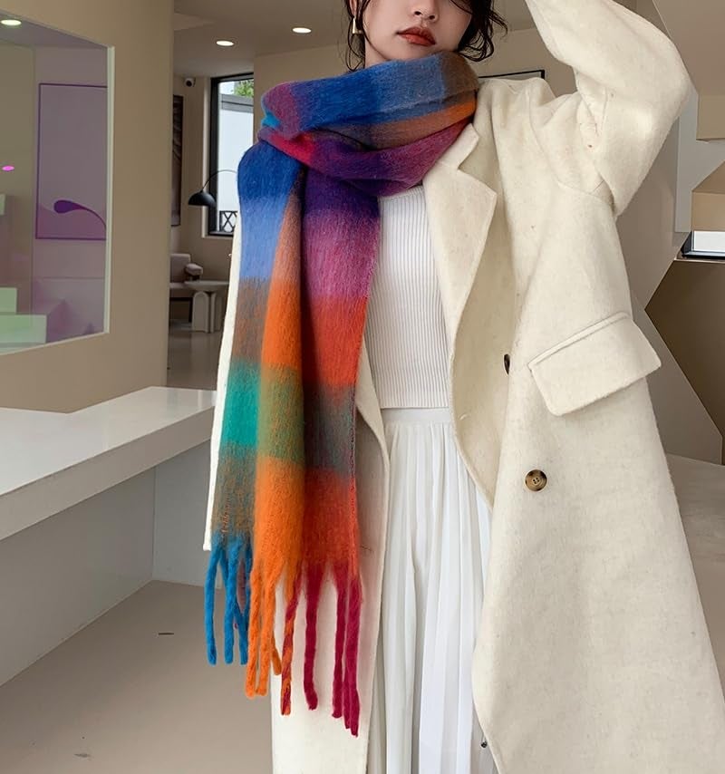 TYHOTULY Chunky Scarf for Women Winter Plaid Thick Warm Long Shawl Wraps Cold Weather Big Christmas Fashion Blanket Scarves (Blue Orange Green 7) - Image 3