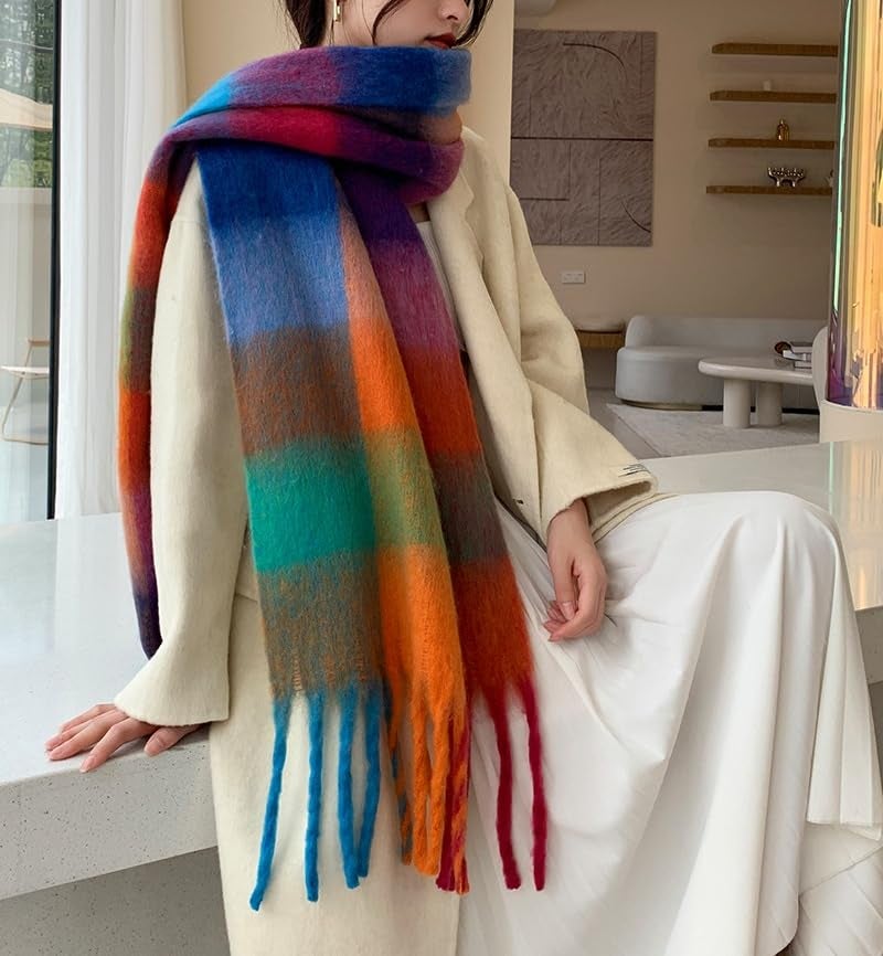 TYHOTULY Chunky Scarf for Women Winter Plaid Thick Warm Long Shawl Wraps Cold Weather Big Christmas Fashion Blanket Scarves (Blue Orange Green 7) - Image 4