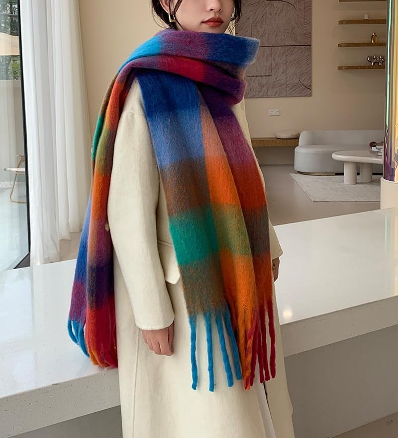 TYHOTULY Chunky Scarf for Women Winter Plaid Thick Warm Long Shawl Wraps Cold Weather Big Christmas Fashion Blanket Scarves (Blue Orange Green 7) - Image 2