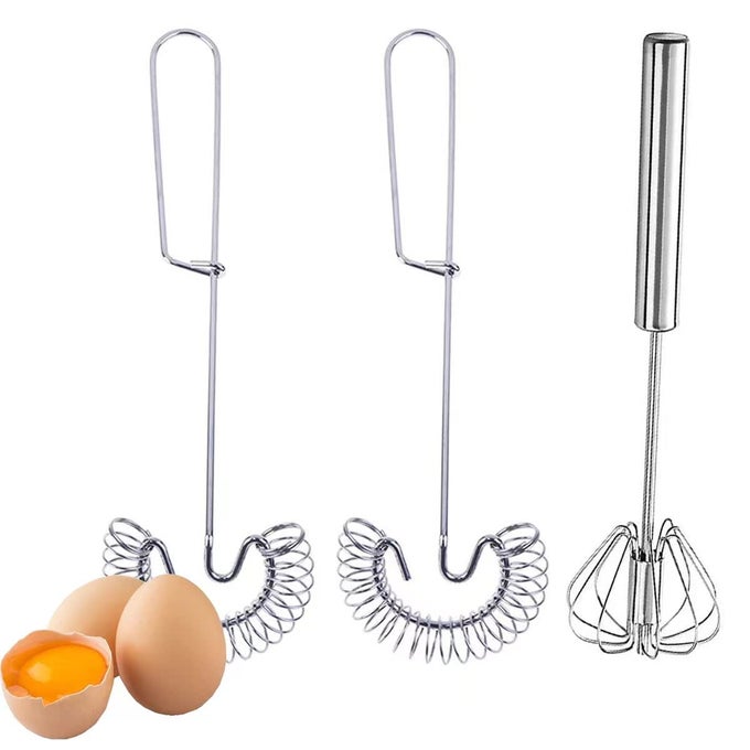 3 PACK STAINLESS STEEL EGG WHISK VERSATILE EASY WHISK HAND PUSH ROTARY MILK FROTHER COOKING BEATER MANUAL MIXER FOR BEATING EGGS MIXING WHIPPING SMOOTHIES SHAKES 2 STYLES