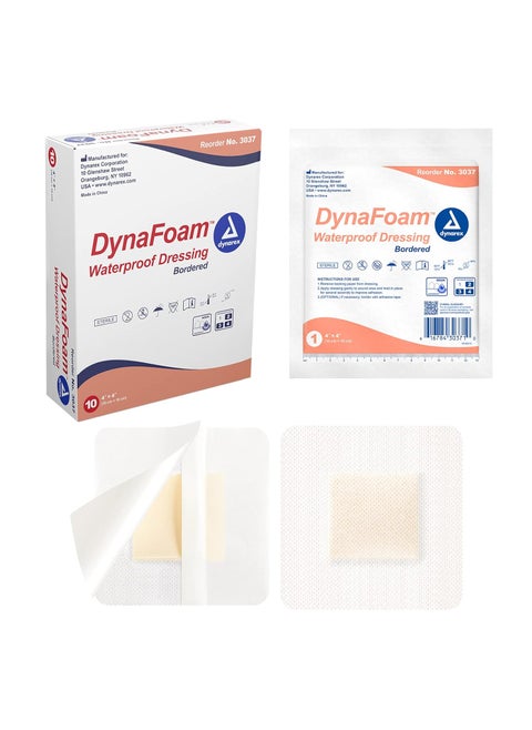 Dynarex Dynafoam Waterproof Bordered Adhesive Foam Wound Dressing Bandage, 4" x 4", 10 Count