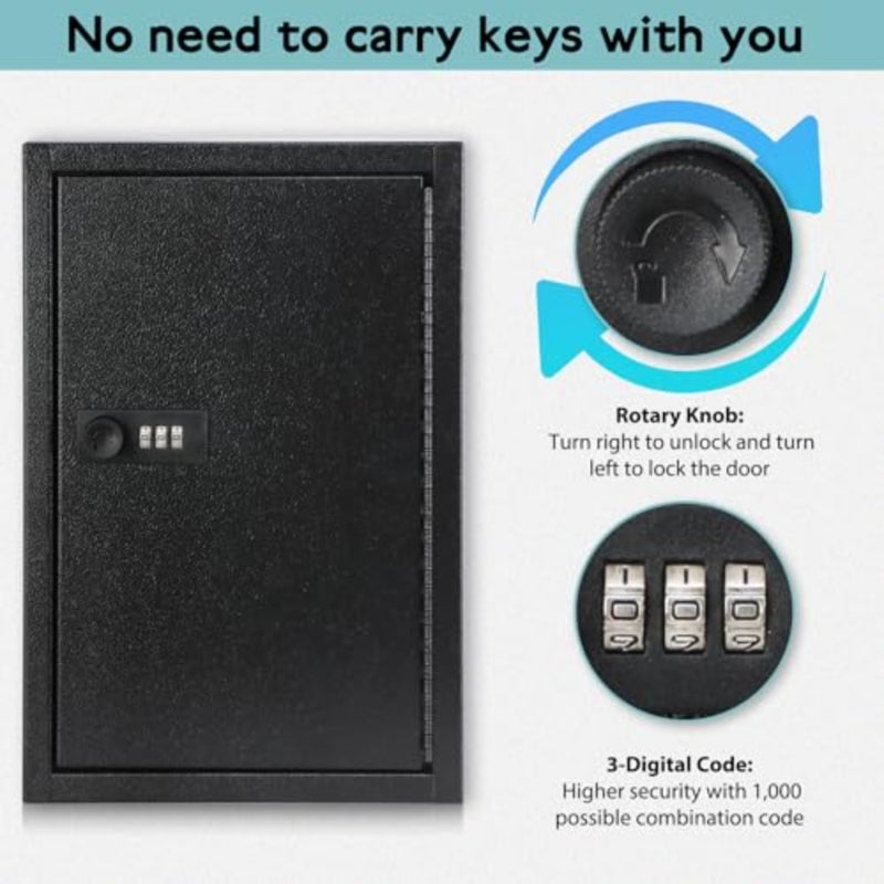 Locking Key Cabinet, 40 Key Storage Lock Box with Code, Key Box Wall Mount with Combination Lock, Key Hooks and Tags Labels for Home, Office, Business, 2.5" D x 8" W x 12" H Black, 40 Key - Image 4