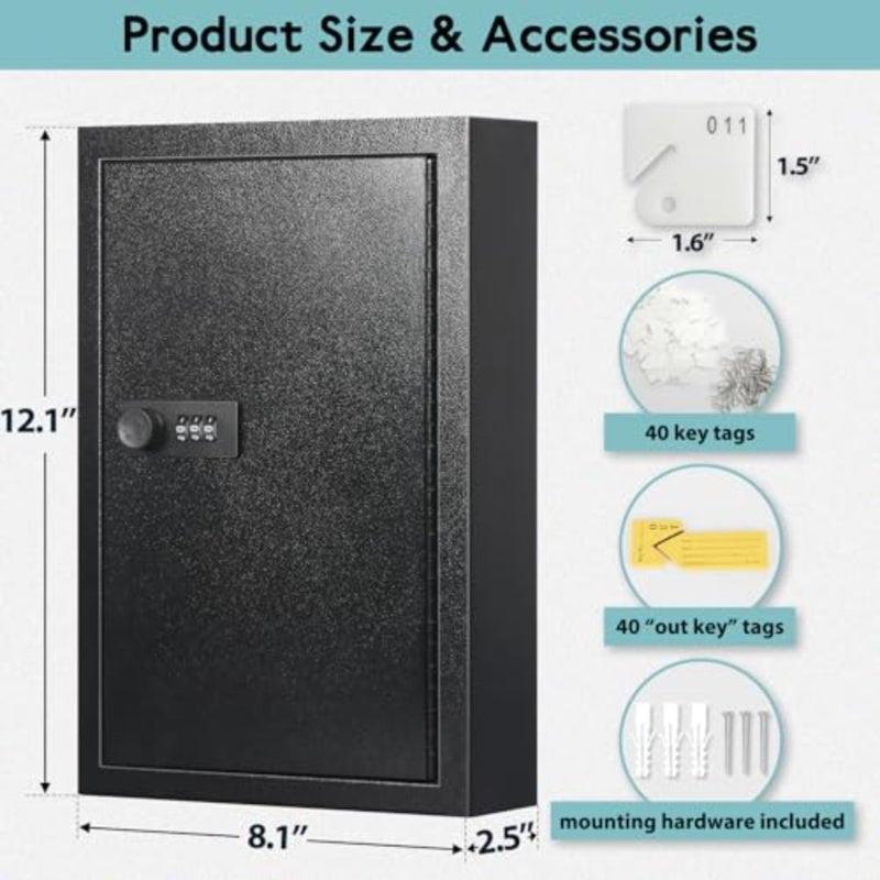 Locking Key Cabinet, 40 Key Storage Lock Box with Code, Key Box Wall Mount with Combination Lock, Key Hooks and Tags Labels for Home, Office, Business, 2.5" D x 8" W x 12" H Black, 40 Key - Image 2