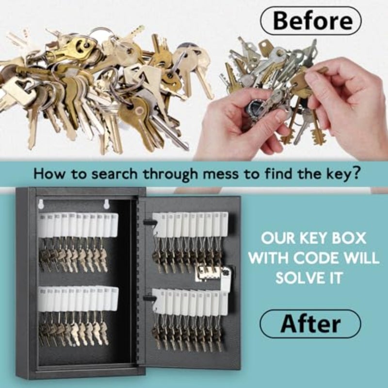 Locking Key Cabinet, 40 Key Storage Lock Box with Code, Key Box Wall Mount with Combination Lock, Key Hooks and Tags Labels for Home, Office, Business, 2.5" D x 8" W x 12" H Black, 40 Key - Image 3