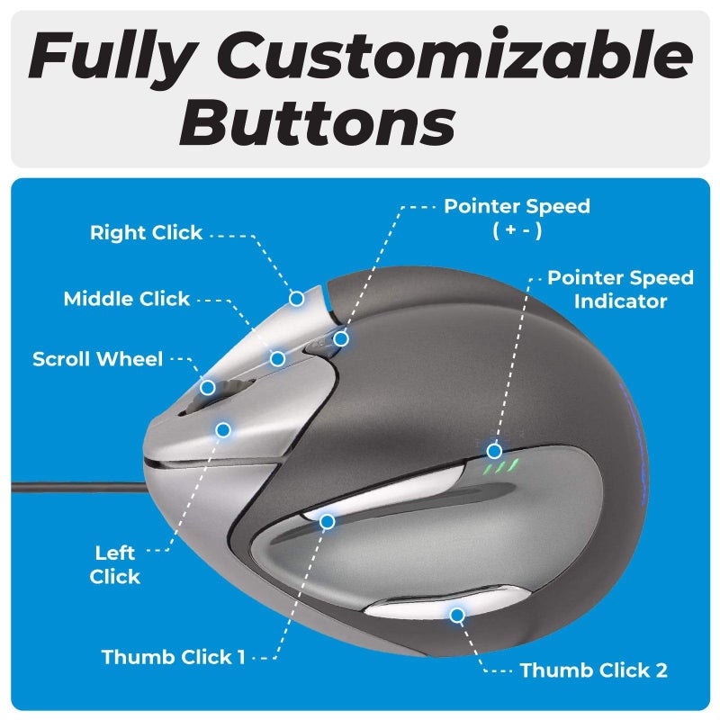 Evoluent VM4R Vertical Mouse 4 for Right Hand – Ergonomic Mouse Wired USB, Helps Reduce Carpal Tunnel, Adjustable Speed & Programmable Buttons, Vertical Ergonomic Wired Mouse, Gaming & Office Use - Image 5