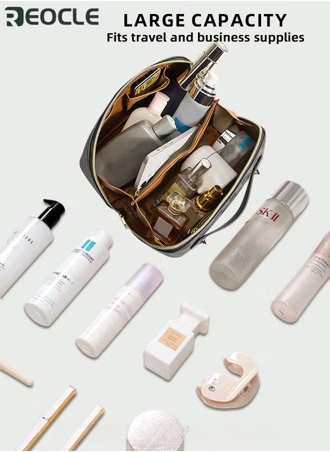 REOCLE Women's Wash Bag Large Capacity Storage Bag Portable Waterproof Bag Fashion Handbag Grid Pattern Bag with Handle & Separator Travel Bags for Efficient Organization - Image 4