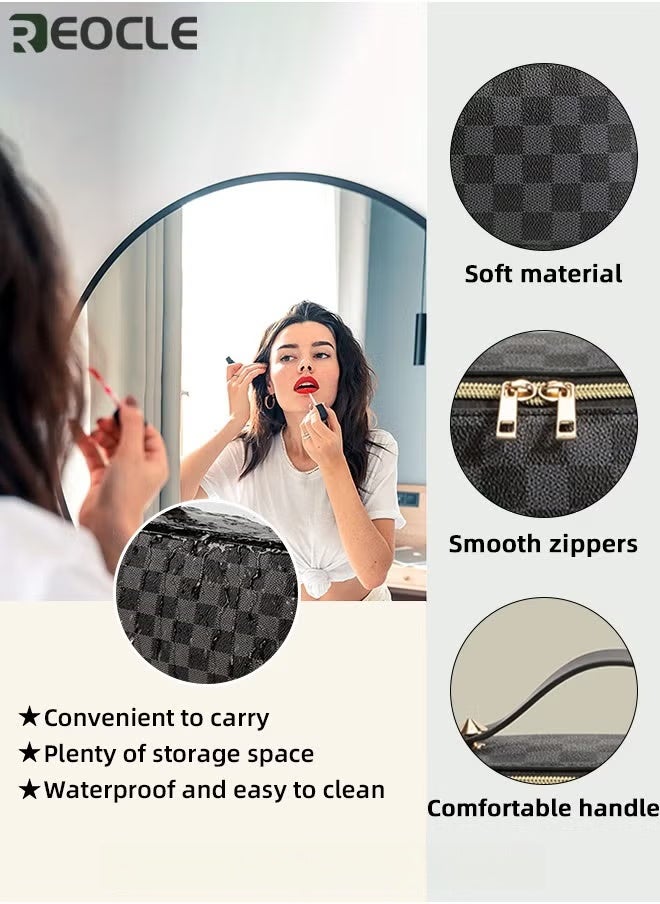 REOCLE Women's Wash Bag Large Capacity Storage Bag Portable Waterproof Bag Fashion Handbag Grid Pattern Bag with Handle & Separator Travel Bags for Efficient Organization - Image 5