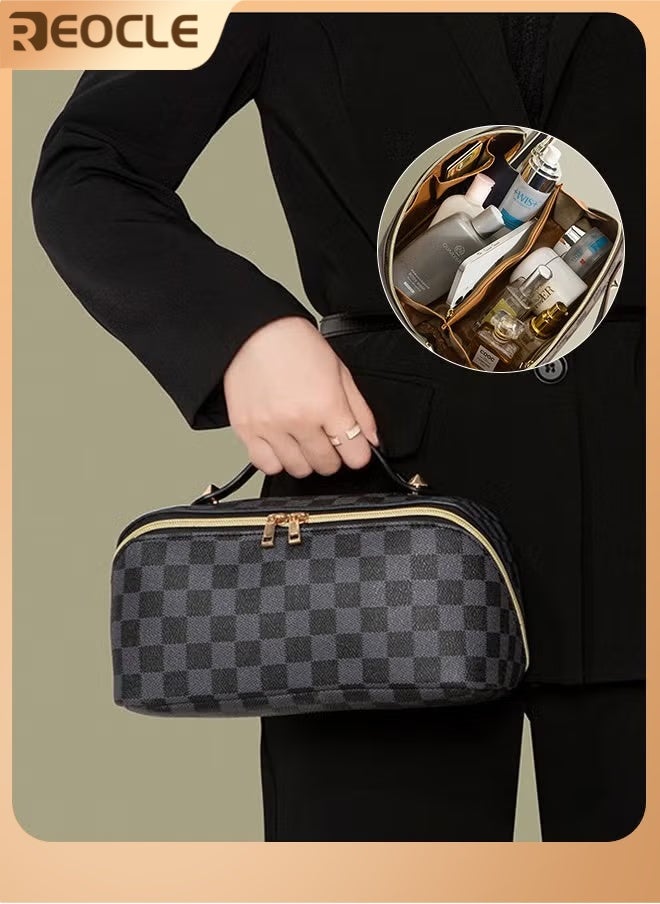 REOCLE Women's Wash Bag Large Capacity Storage Bag Portable Waterproof Bag Fashion Handbag Grid Pattern Bag with Handle & Separator Travel Bags for Efficient Organization - Image 1