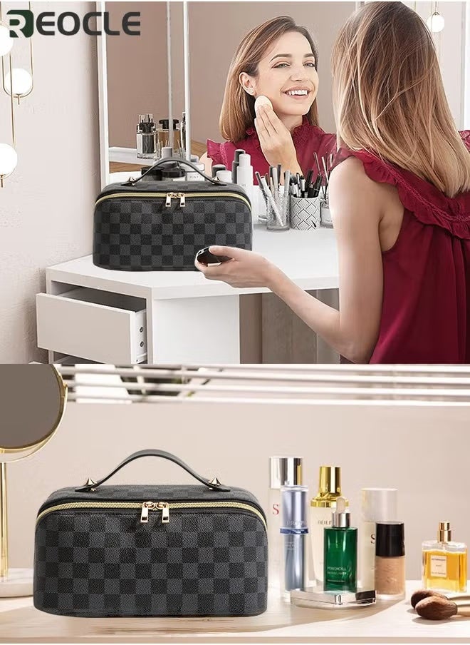 REOCLE Women's Wash Bag Large Capacity Storage Bag Portable Waterproof Bag Fashion Handbag Grid Pattern Bag with Handle & Separator Travel Bags for Efficient Organization - Image 3