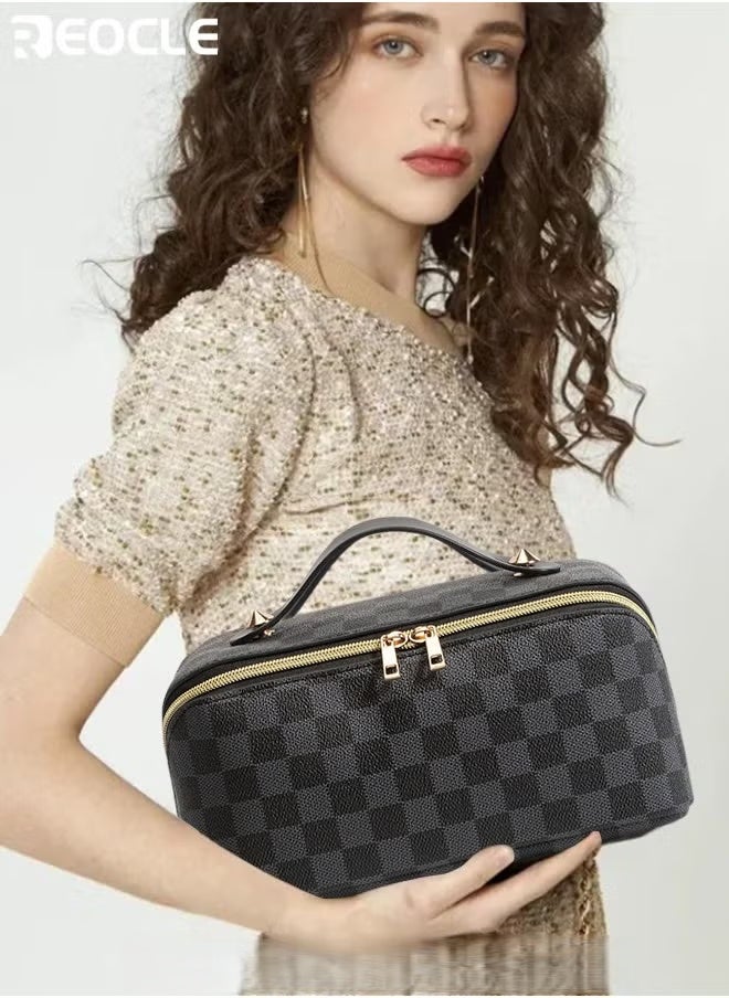 REOCLE Women's Wash Bag Large Capacity Storage Bag Portable Waterproof Bag Fashion Handbag Grid Pattern Bag with Handle & Separator Travel Bags for Efficient Organization - Image 2