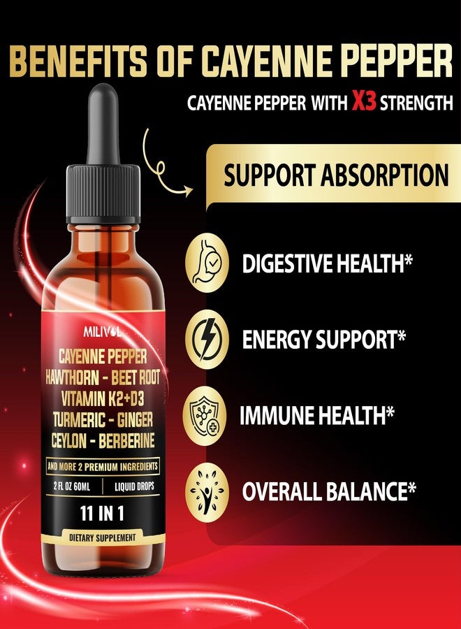 MILIVOL 11in1 Cayenne Pepper Liquid Drops with Hawthorn Berry, Beet Root, Garlic, Ginger, Ceylon Cinnamon, Turmeric, Berberine and Bitter Melon - 60 Days Supply - 2Fl Oz - Image 3