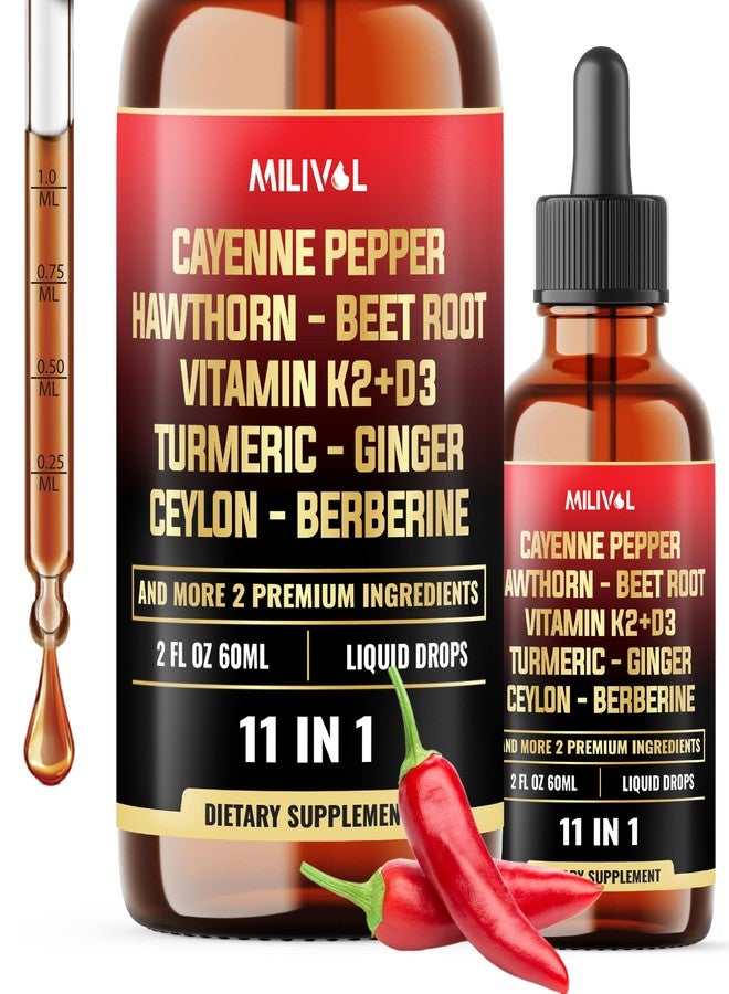 MILIVOL 11in1 Cayenne Pepper Liquid Drops with Hawthorn Berry, Beet Root, Garlic, Ginger, Ceylon Cinnamon, Turmeric, Berberine and Bitter Melon - 60 Days Supply - 2Fl Oz - Image 1