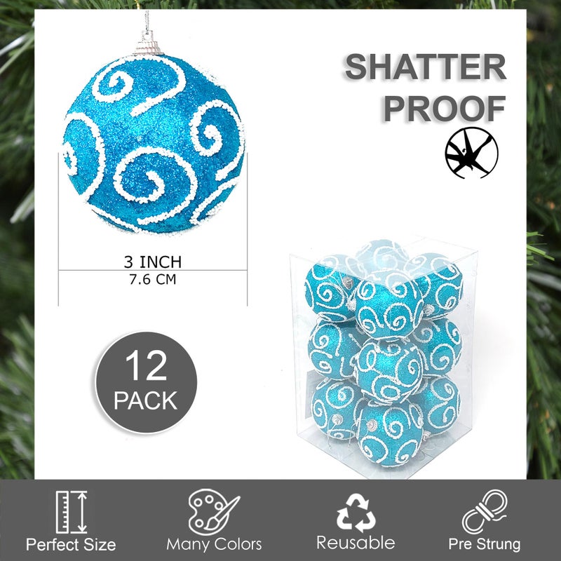 allgala Allgala Blue Christmas Ornament Ball 12 Pack 3 Inch Christmas Tree Ornament Balls-Glitter Decorated Foam Large Xmas Ball  - Image 2