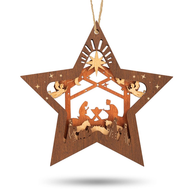Creawoo Nativity Scene Ornaments Christmas Wooden Hanging Ornament Star Shaped Nativity Scene Keepsake for Xmas Tree The Birth of Jesus Decoration Religious Gift for Family Friends and Christian