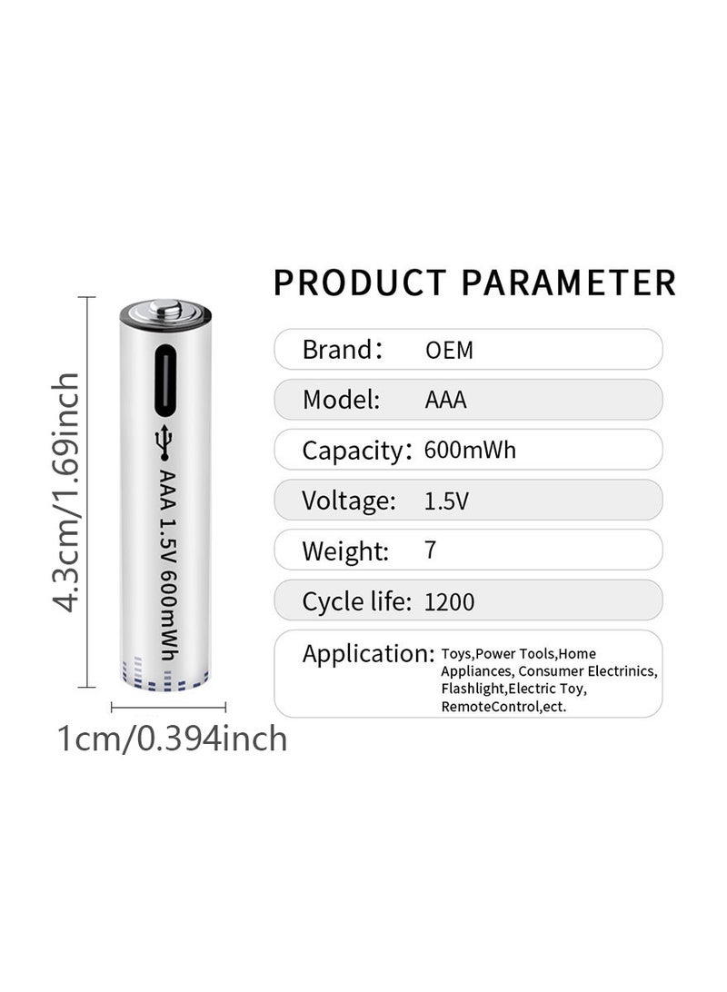 4-Pack USB AAA Lithium ion Rechargeable Battery, High Capacity 1.5V 600mWh Rechargeable AAA Battery, Cycle With 4-piece head Type C Port Cable, Constant Output - Image 2
