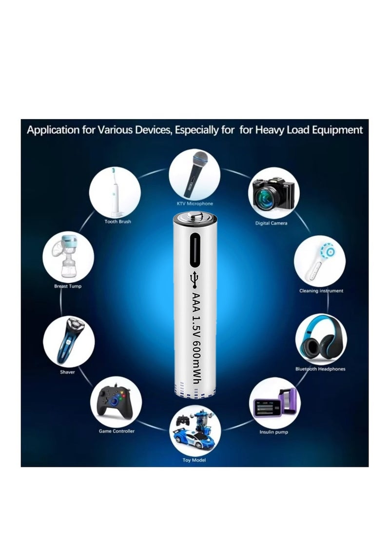 4-Pack USB AAA Lithium ion Rechargeable Battery, High Capacity 1.5V 600mWh Rechargeable AAA Battery, Cycle With 4-piece head Type C Port Cable, Constant Output - Image 4